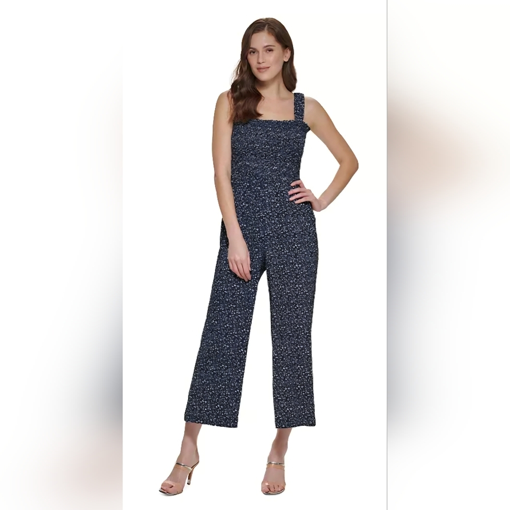 DKNY Smocked Navy Blue Patterned Jumpsuit